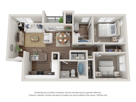Floor plan for 2 beds, 2 baths, 1030 sqft